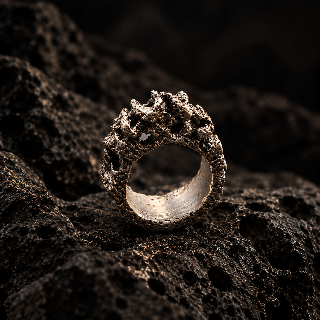 KRATOS ring, sculptural porous texture, front view