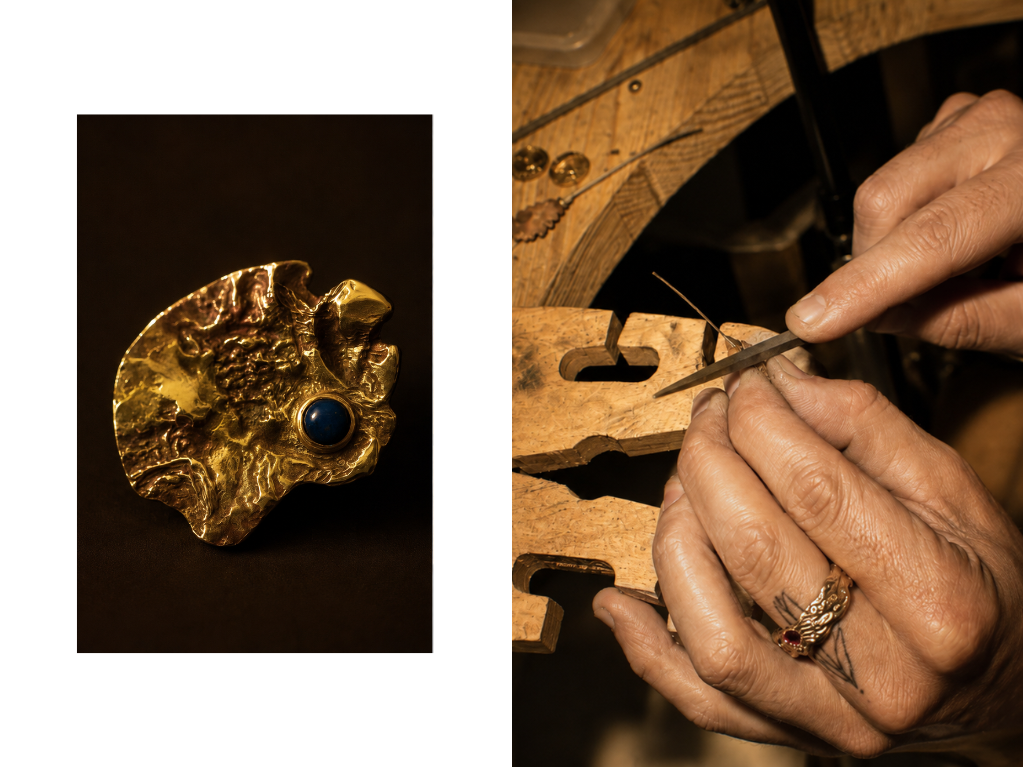 A split image showing a textured gold ring with a dark blue stone on a black background on the left, and a close-up of hands crafting a ring at a workbench on the right.