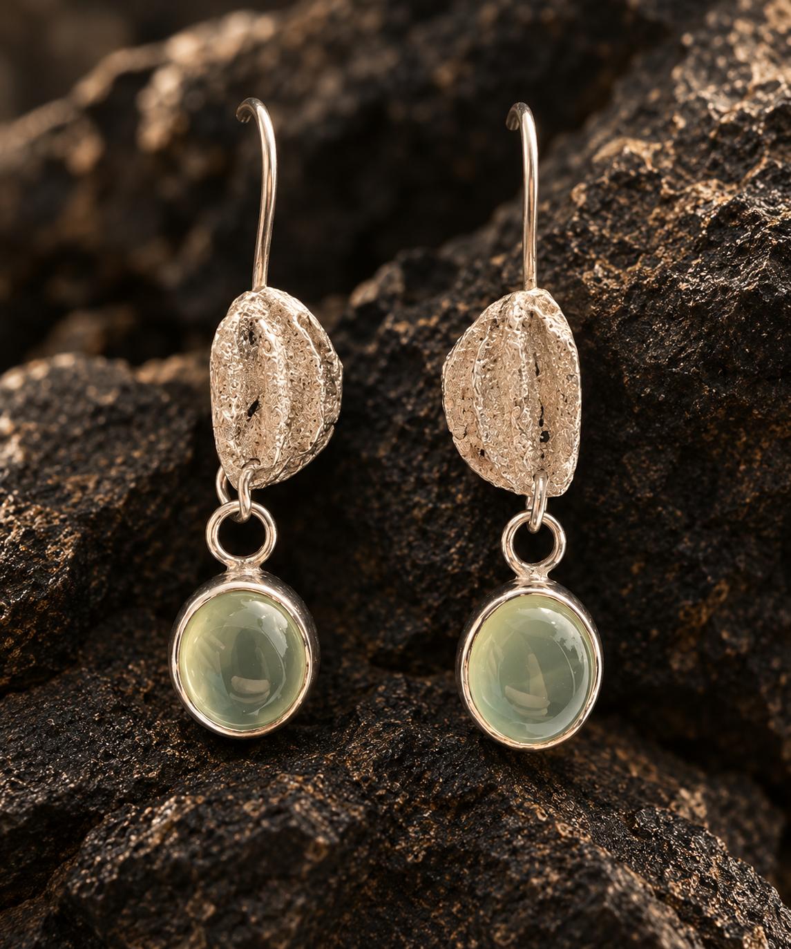 SODARON sculptural Silver 950 earrings with prehnite, handmade in Amsterdam by Tulipa