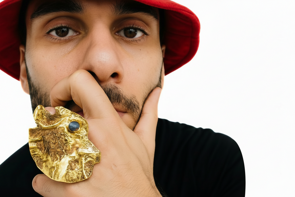 A close-up lifestyle shot of a man wearing a large, textured gold ring shaped like a stylized animal head with a small blue stone, while wearing a red cap and black shirt against a white background.