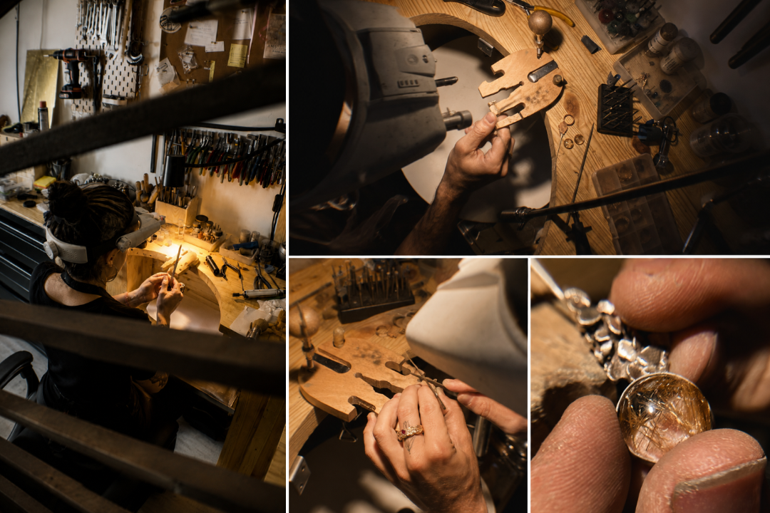 A four-panel collage showing the detailed process of crafting a clear crystal pendant. The scenes depict a jeweler working in a well-equipped workshop using a lathe and hand tools, with warm golden lighting, and a close-up of the finished clear crystal pendant held between fingers.