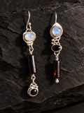 WORSEK asymmetrical silver earrings with moonstone, black star and black coral