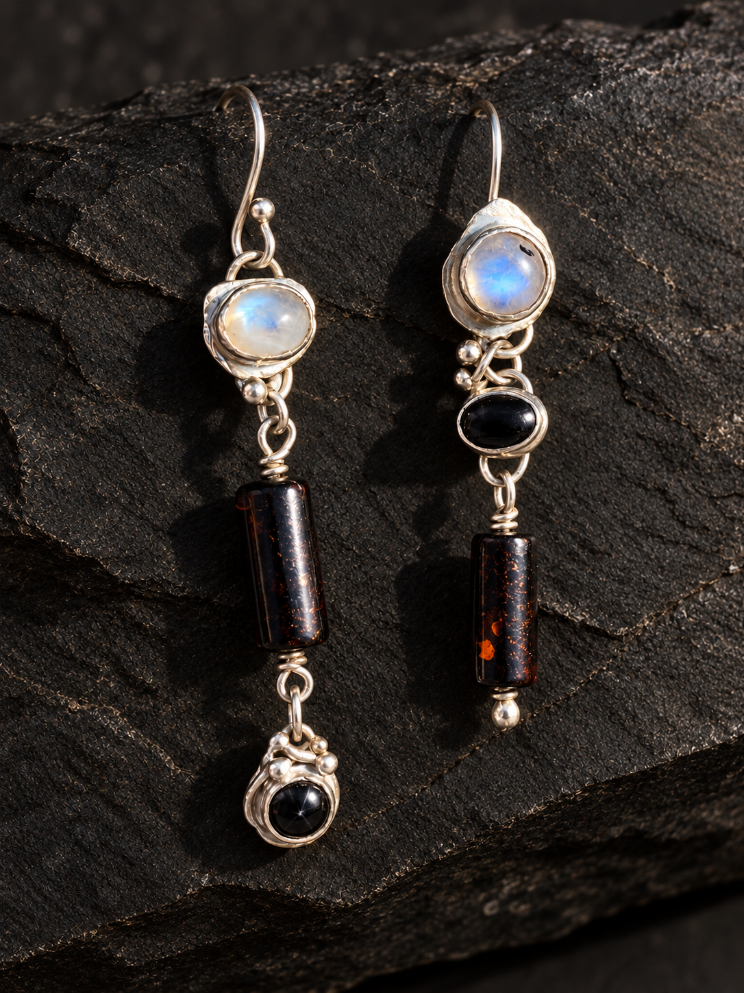 WORSEK asymmetrical silver earrings with moonstone, black star and black coral